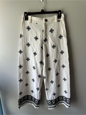 Zara Embroidered Linen Blend Wide Leg Pants US S Black White Boho